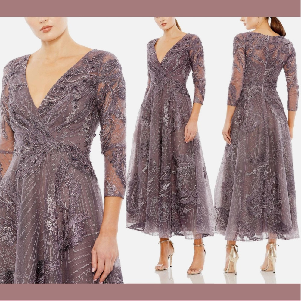 NWT $698 Mac Duggal [ 10 ] Embellished Wrap Over 3/4 Sleeve Midi Dress Aubergine